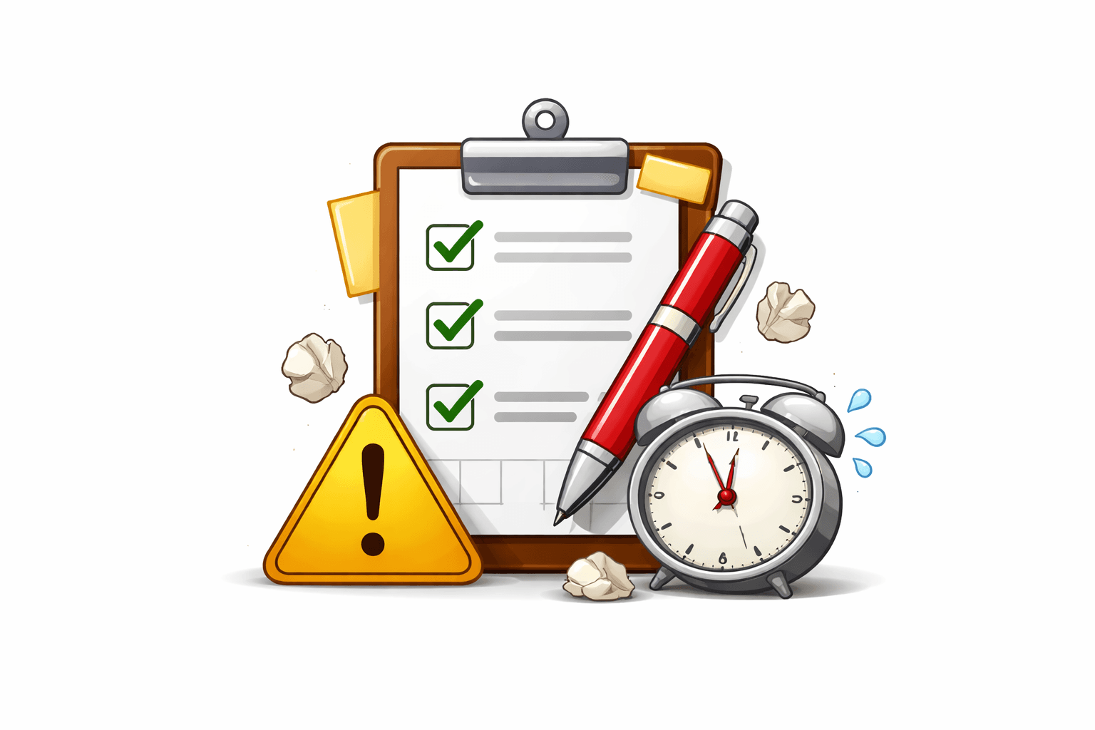 Clipboard with checkboxes, clock and warning — Regret Minimisation pillar